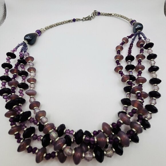 Purple Silver Tone Bead Multi Strand Necklace 22” - Picture 2 of 5